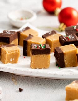 Pieces of buckeye fudge with Christmas sprinkles