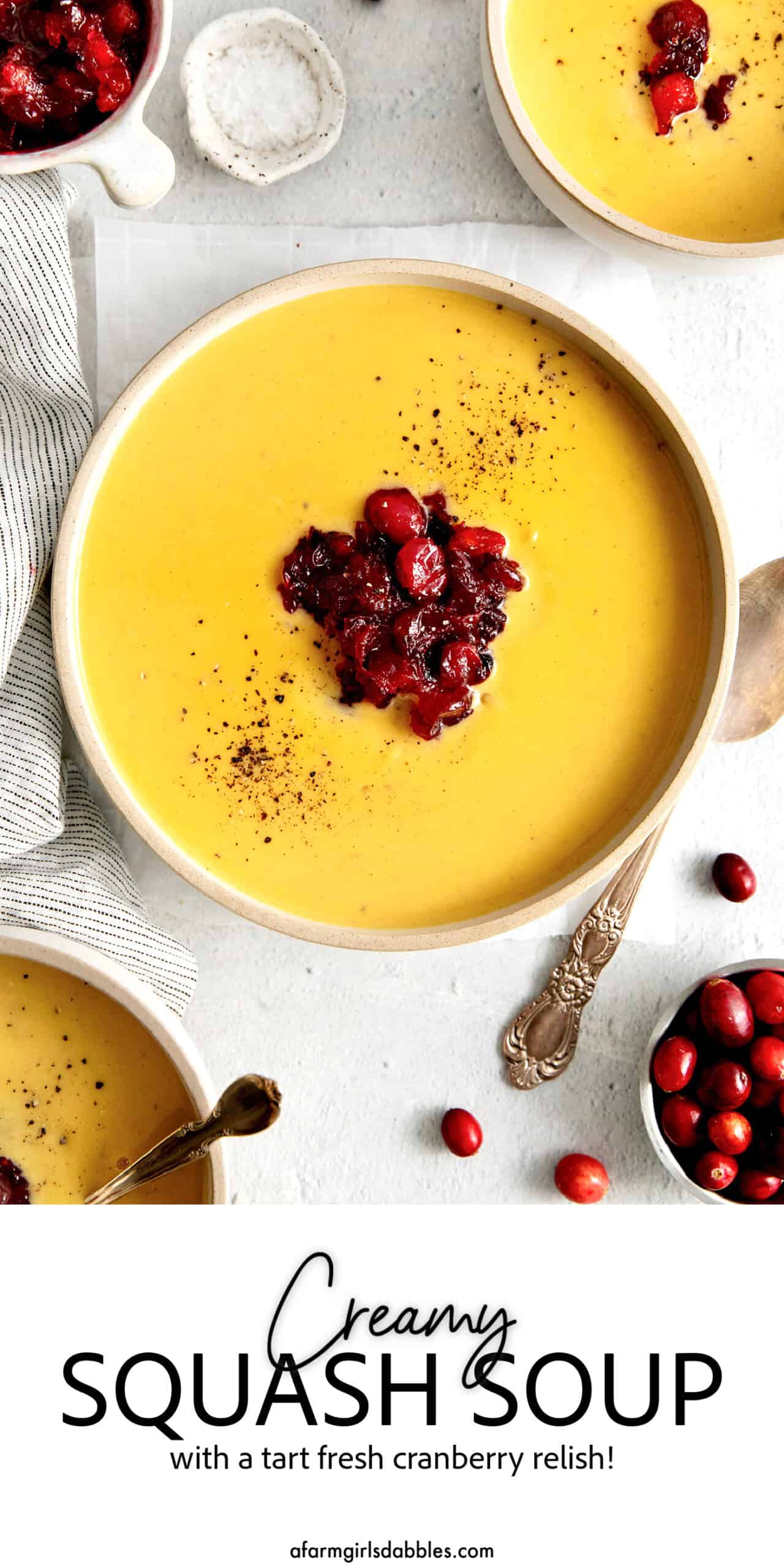 Pinterest image for creamy squash soup with cranberry relish