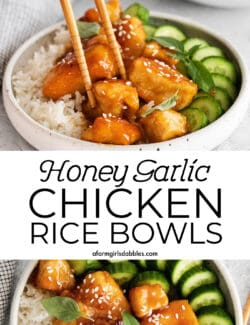 Pinterest image for honey garlic chicken rice bowls