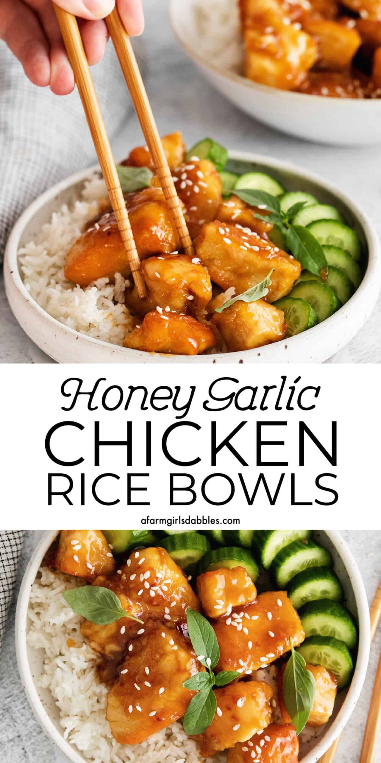 Pinterest image for honey garlic chicken rice bowls