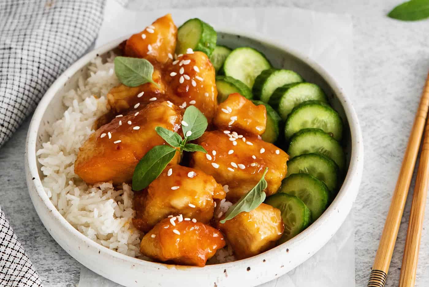 Overhead view of a honey garlic chicken rice bowl