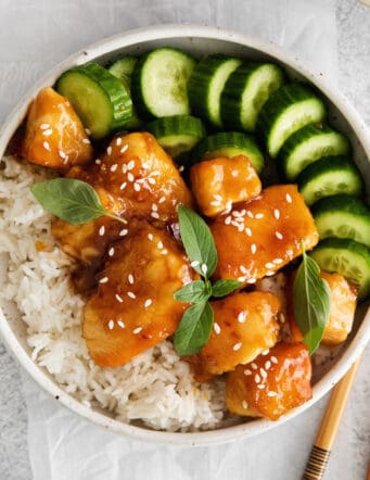 Overhead view of a honey garlic chicken rice bowl