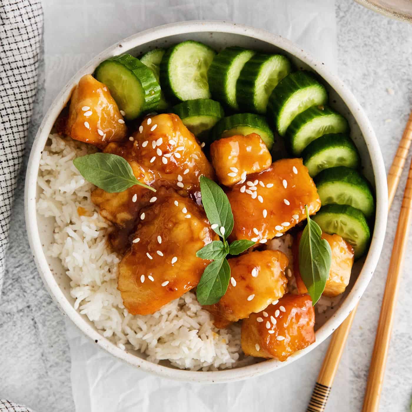 Overhead view of a honey garlic chicken rice bowl