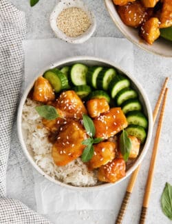 Overhead view of a honey garlic chicken rice bowl