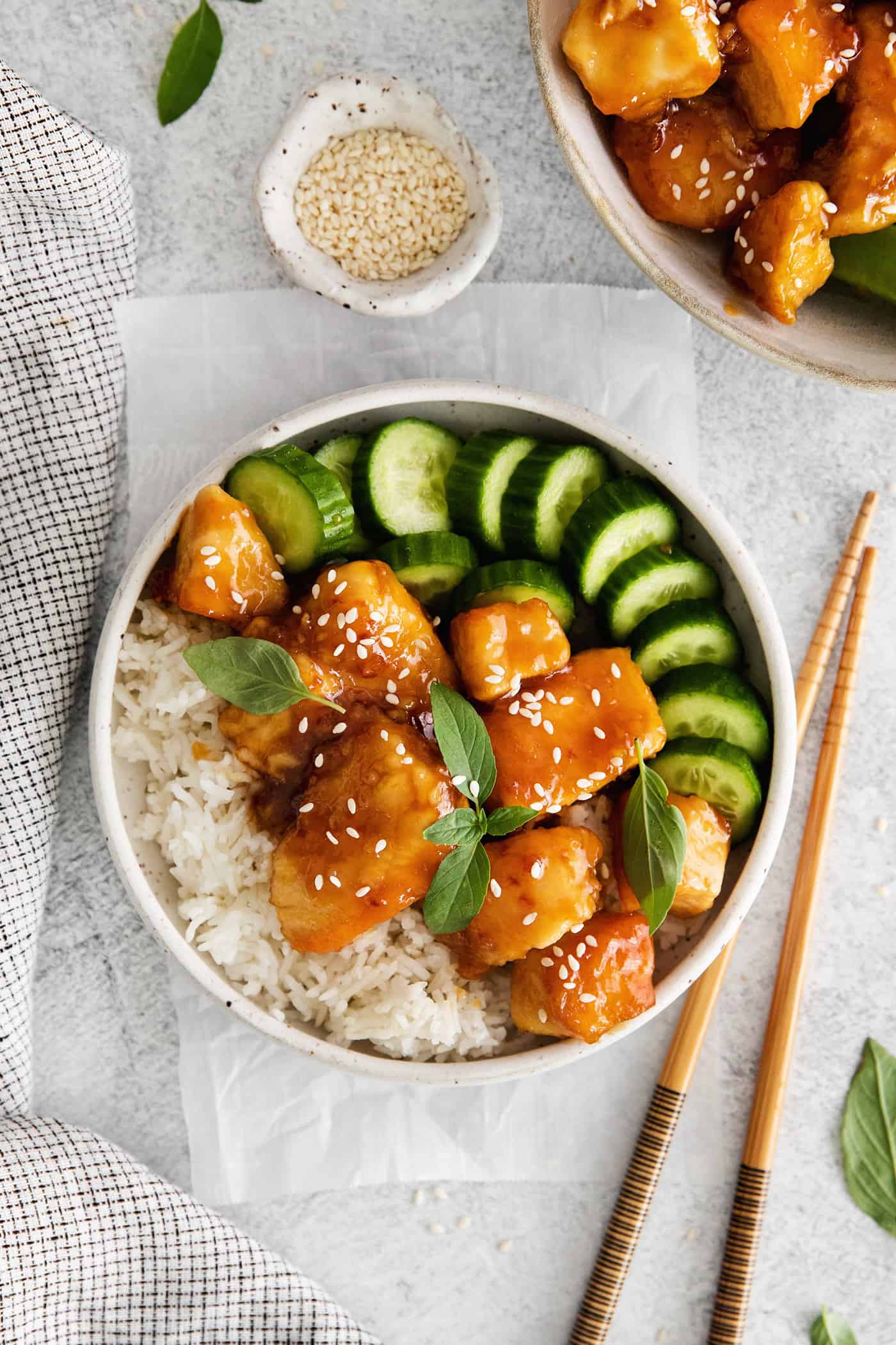 Overhead view of a honey garlic chicken rice bowl