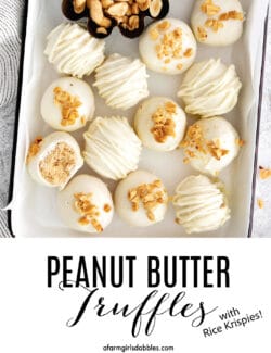 Pinterest image for peanut butter truffles with rice krispies cereal