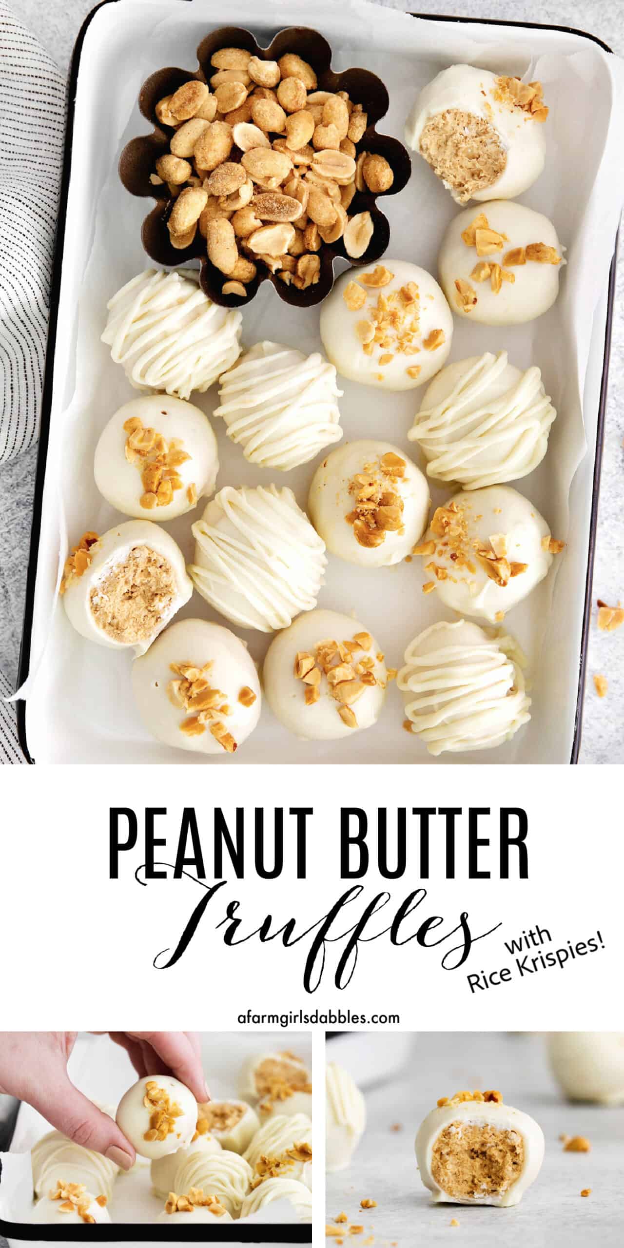 Pinterest image for peanut butter truffles with rice krispies cereal