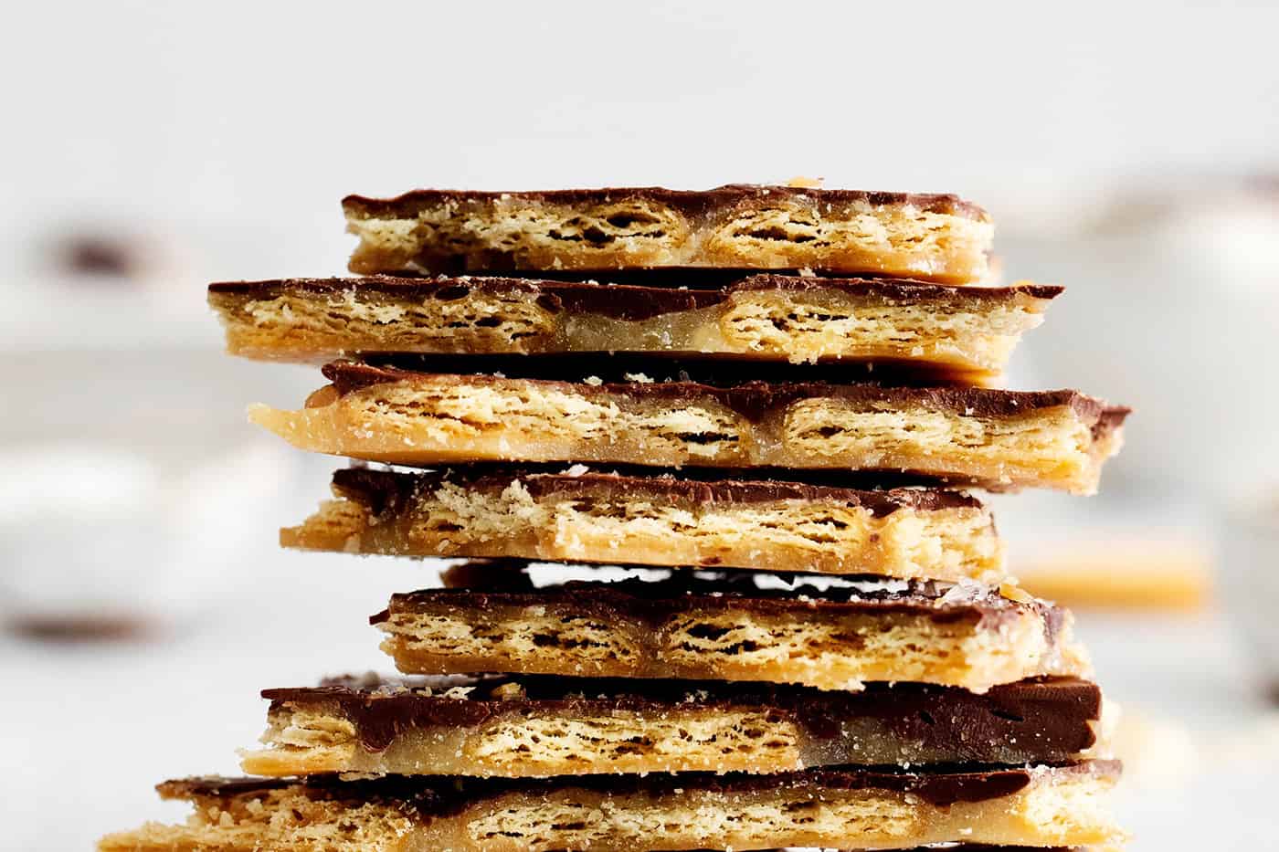 a close-up photo of a stack of Ritz cracker toffee