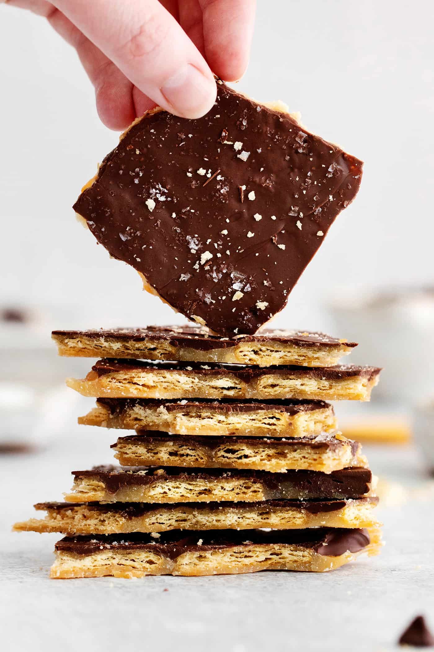 a stack of Ritz cracker toffee, also known as Christmas crack