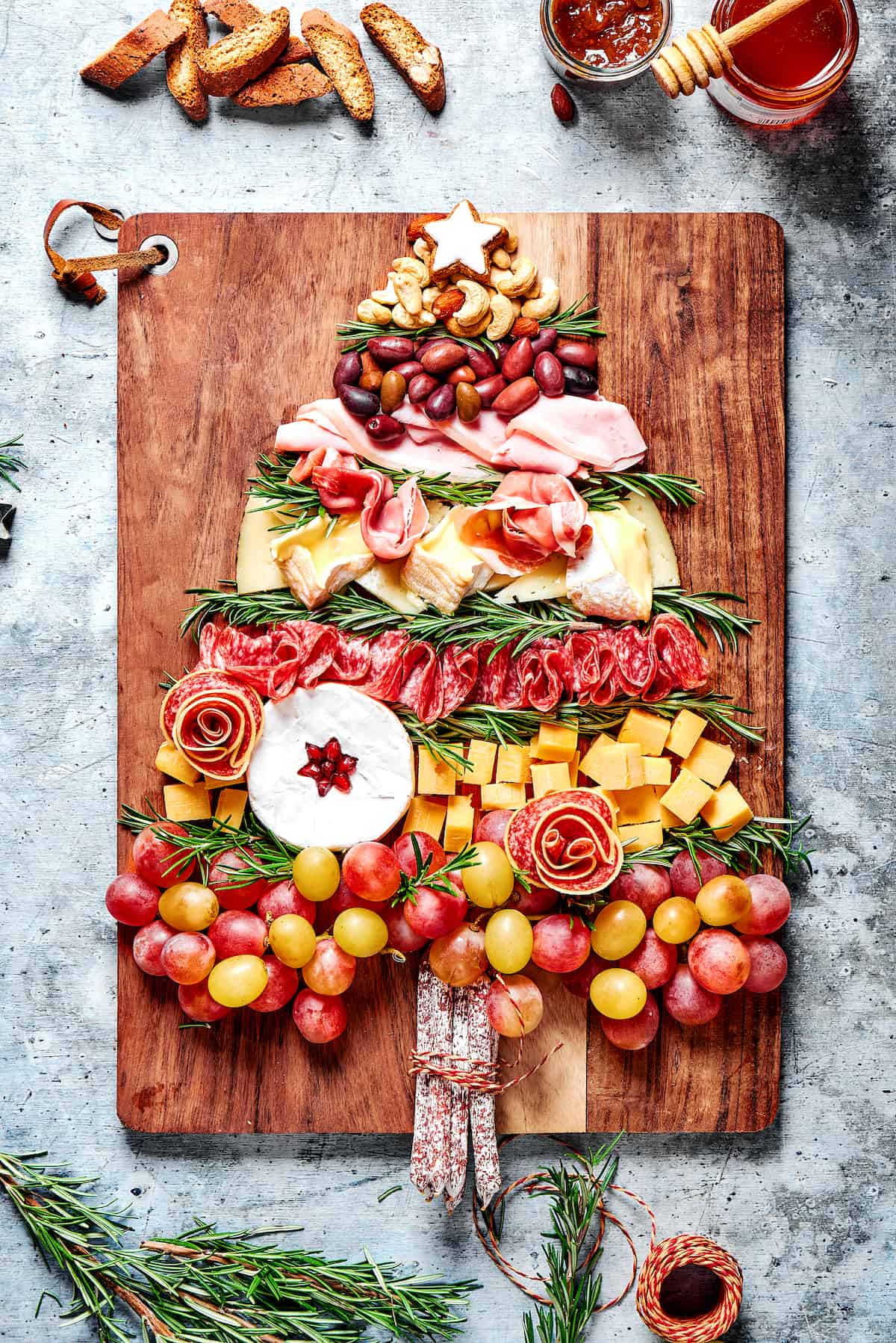 Overhead view of a Christmas tree charcuterie board