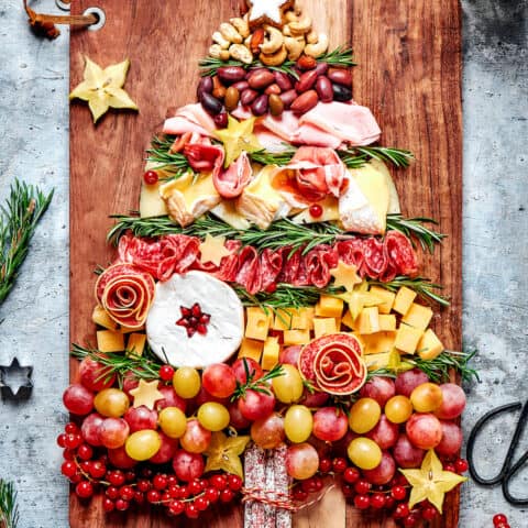 Overhead view of a Christmas tree charcuterie board