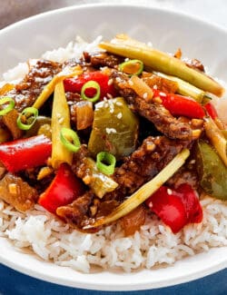 close-up photo of Hunan beef over rice