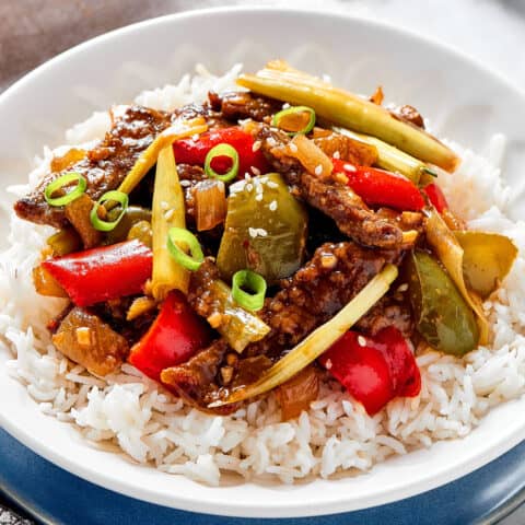 close-up photo of Hunan beef over rice