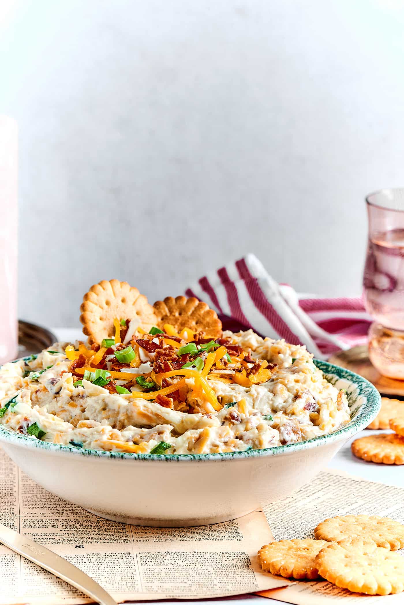 side view of a bowl of creamy, cheesy dip, plus crackers