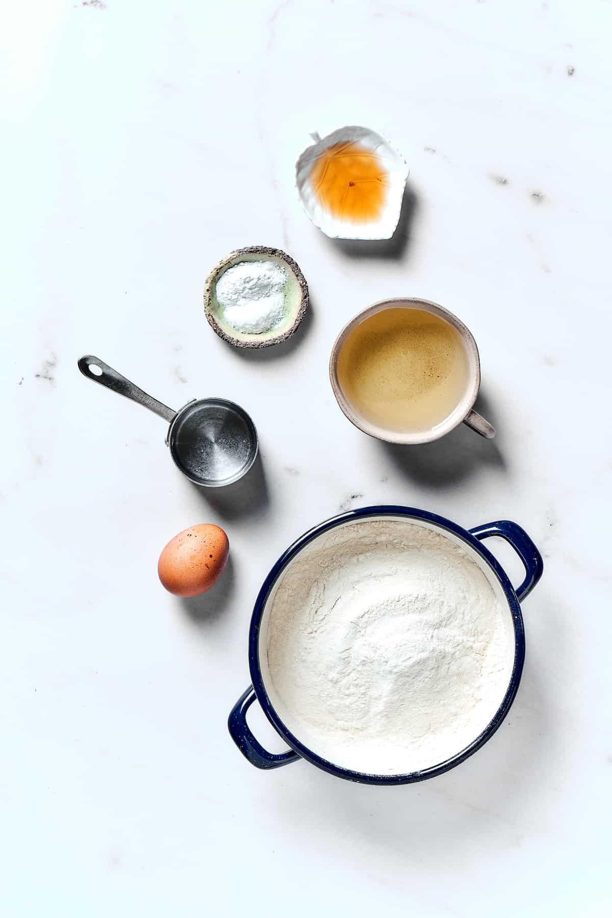 Overhead view of ingredients needed to make knish dough