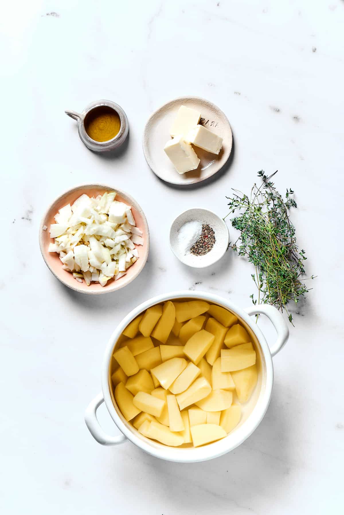 Overhead view of the filling ingredients for potato knishes