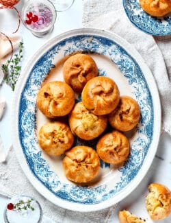 overhead photo of a table with a platter of potato knishes