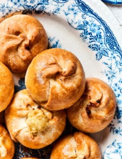 Close up of a plate of potato knishes