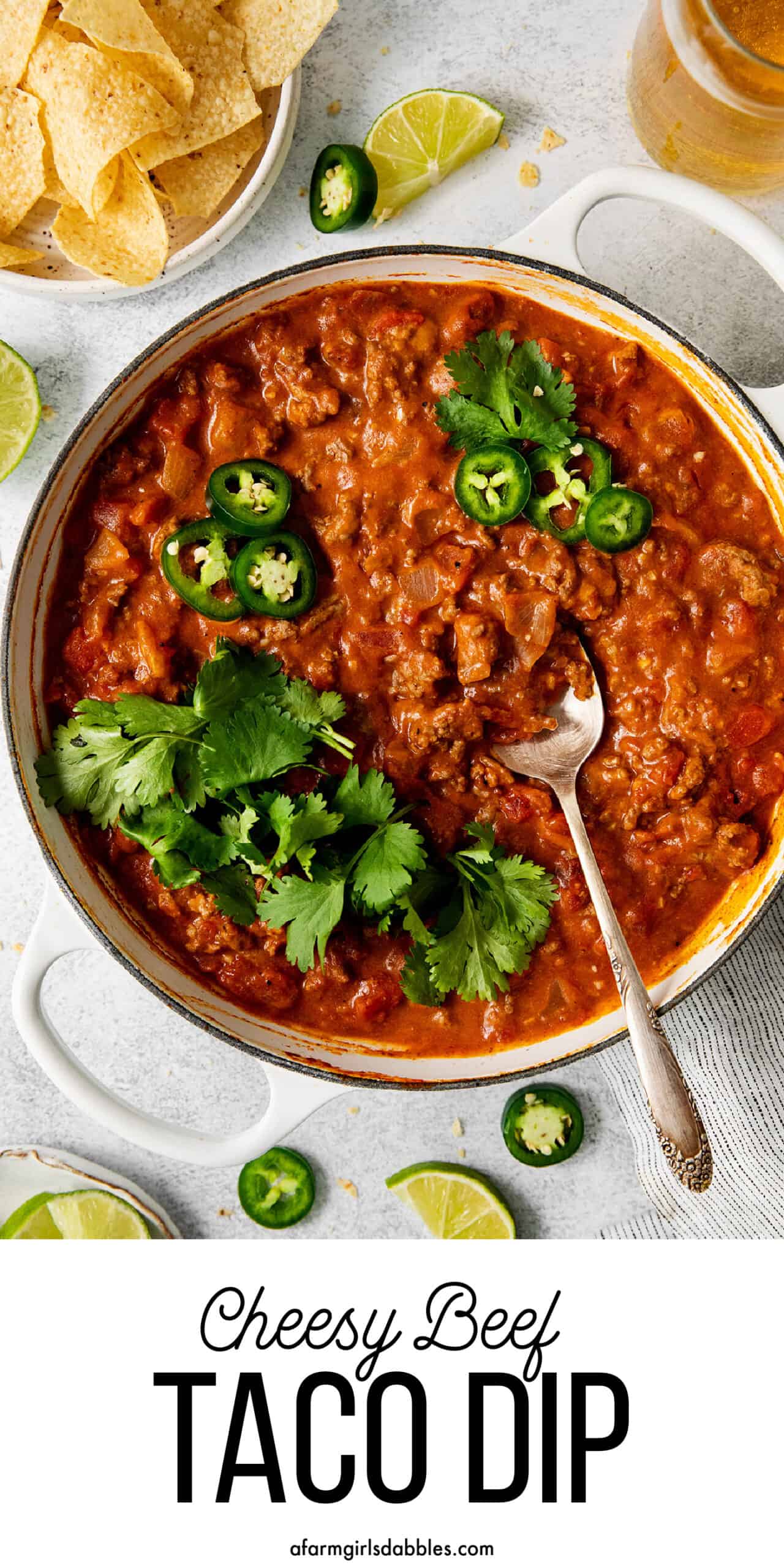 Pinterest image for cheesy beef taco dip