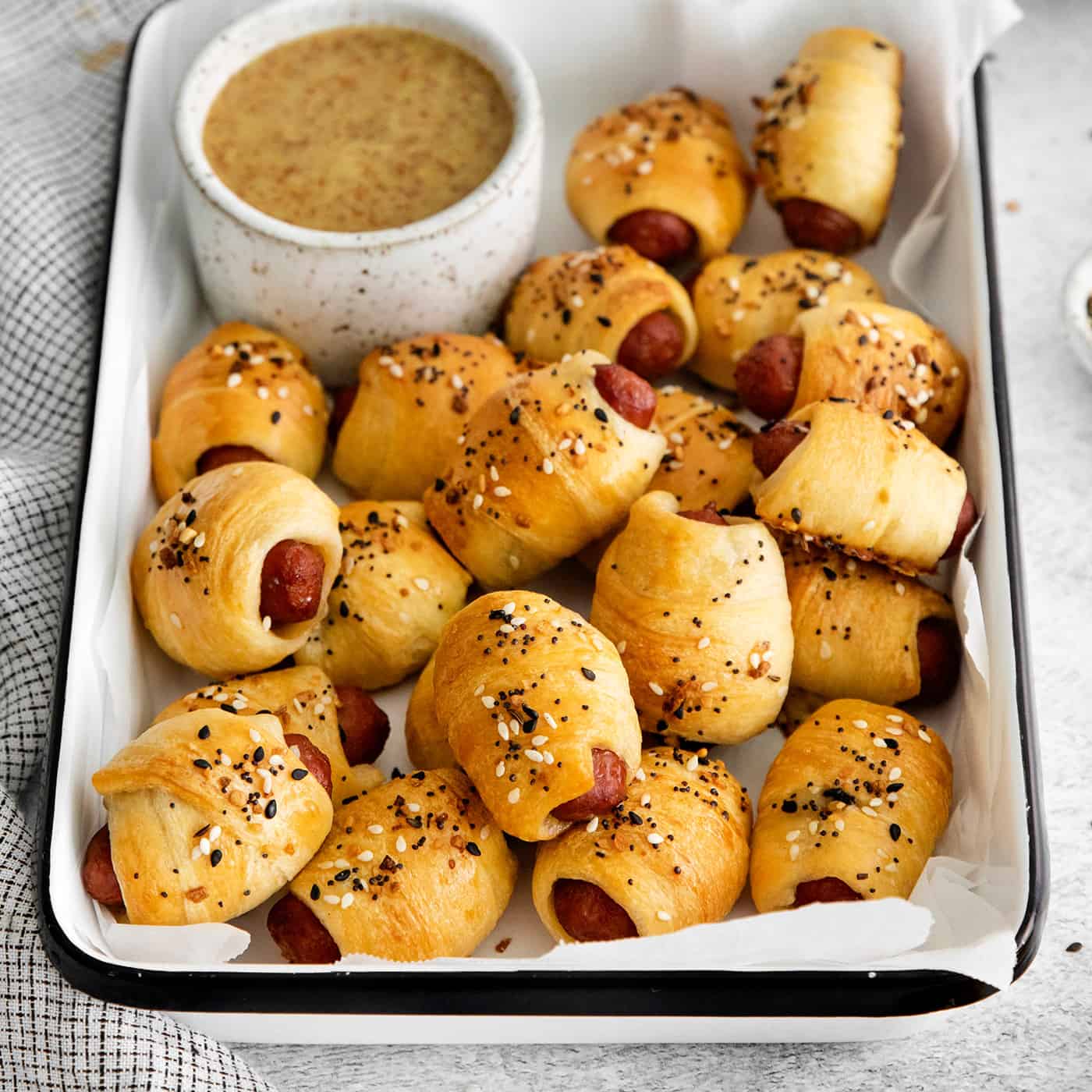 Overhead view of everything bagel pigs in a blanket