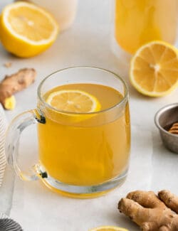 A glass mug of Starbucks medicine bal tea