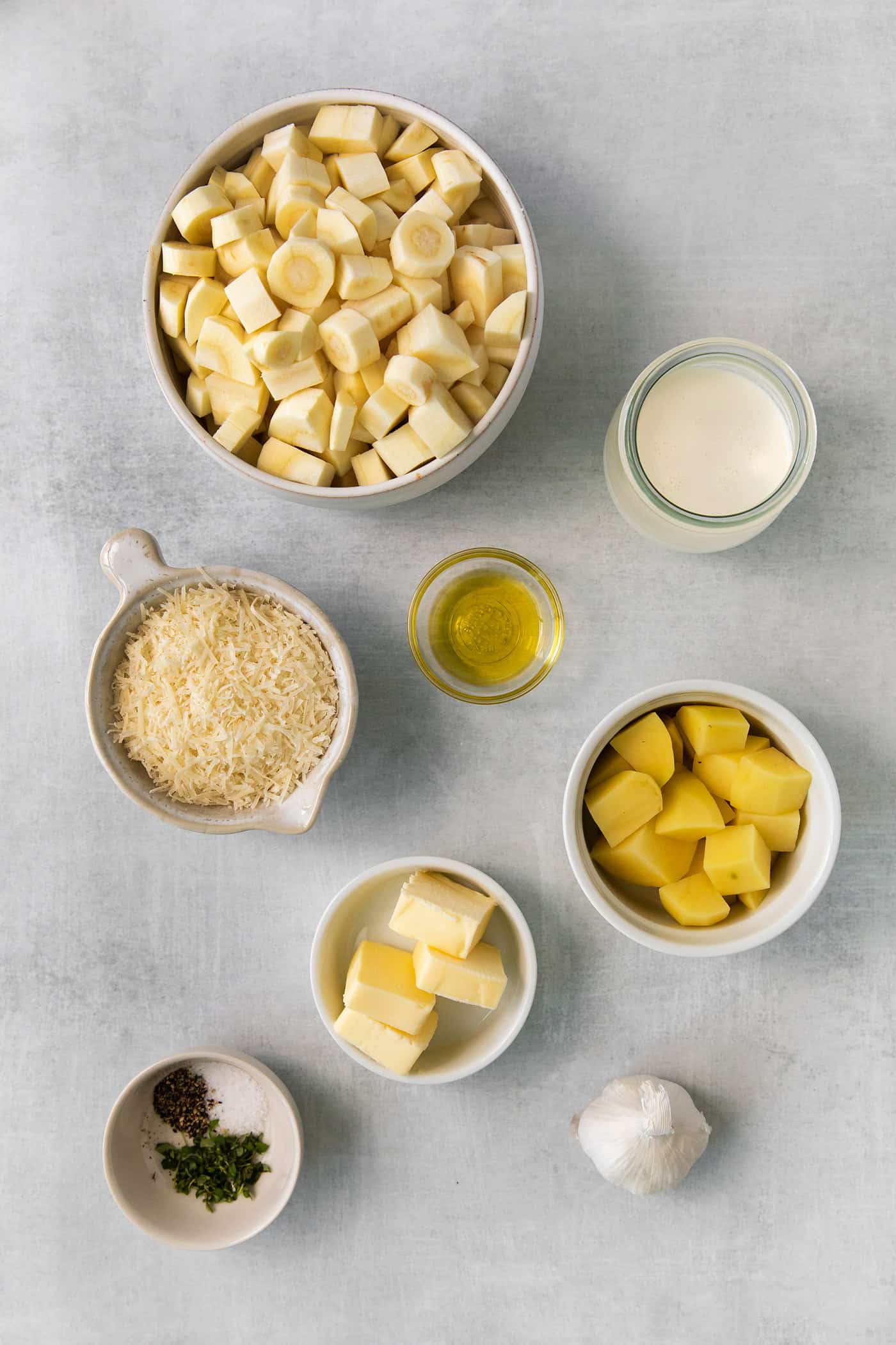 Overhead view of parsnip puree ingredients