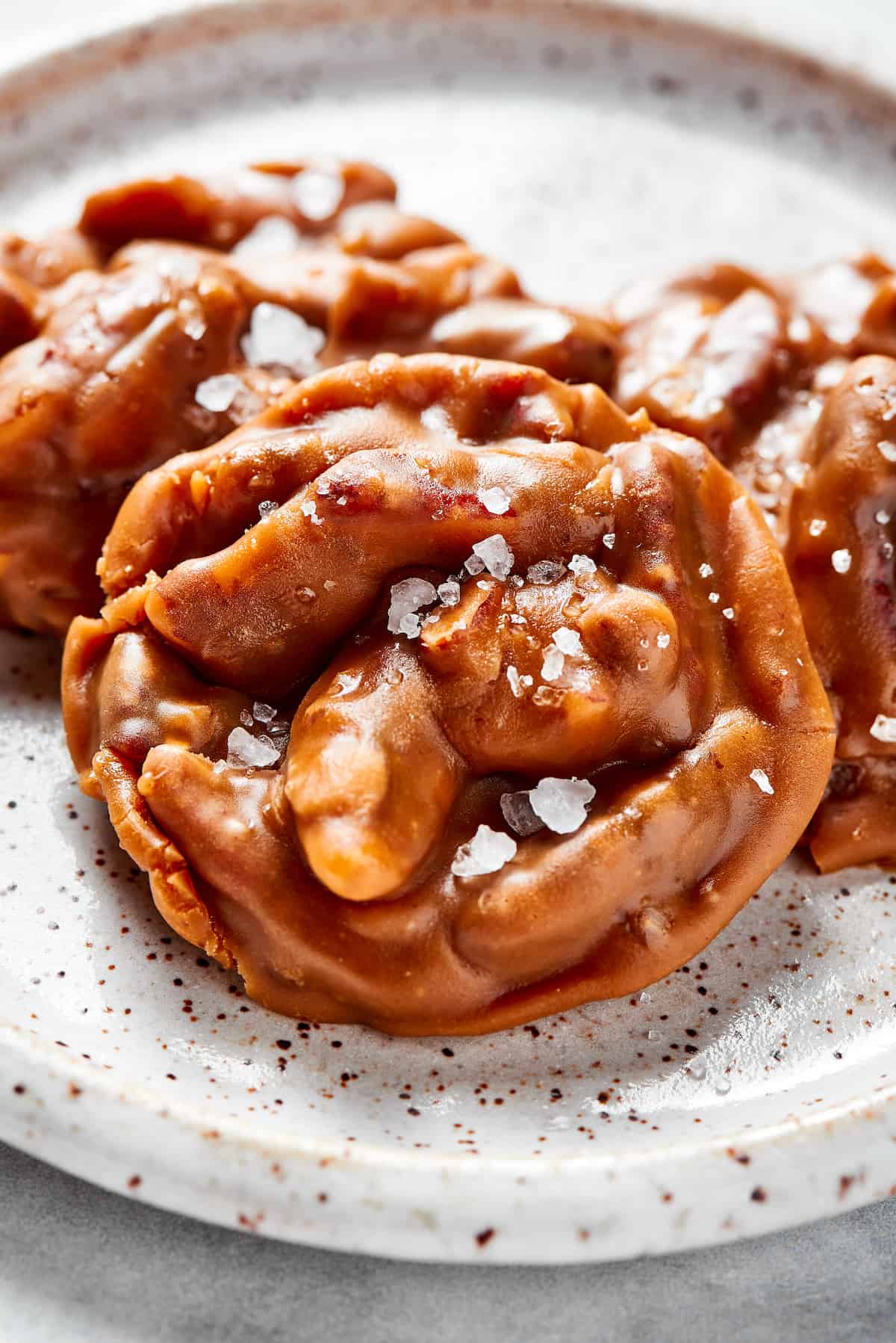 Close up of salted pecan pralines