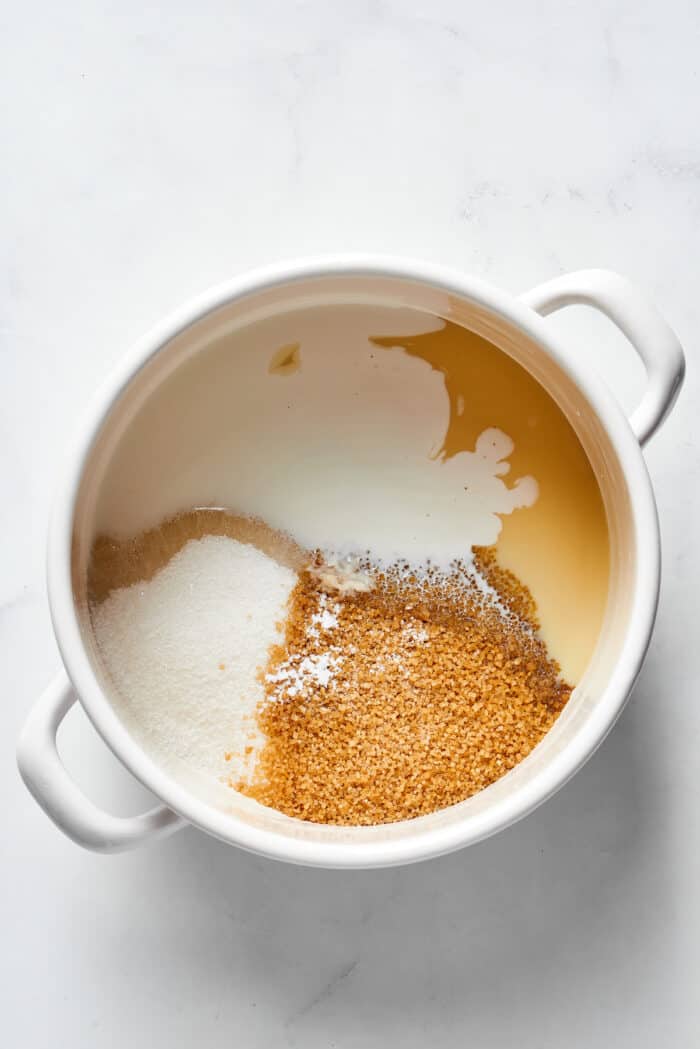 Pecan praline ingredients in a saucepan