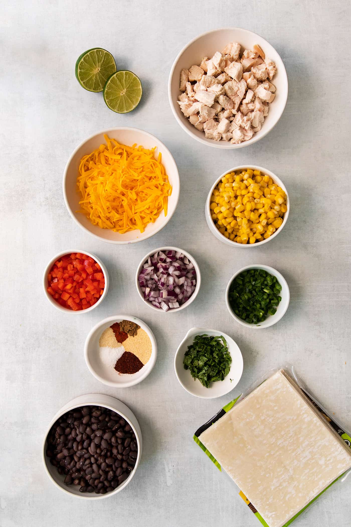 Overhead view of southwest egg roll ingredients