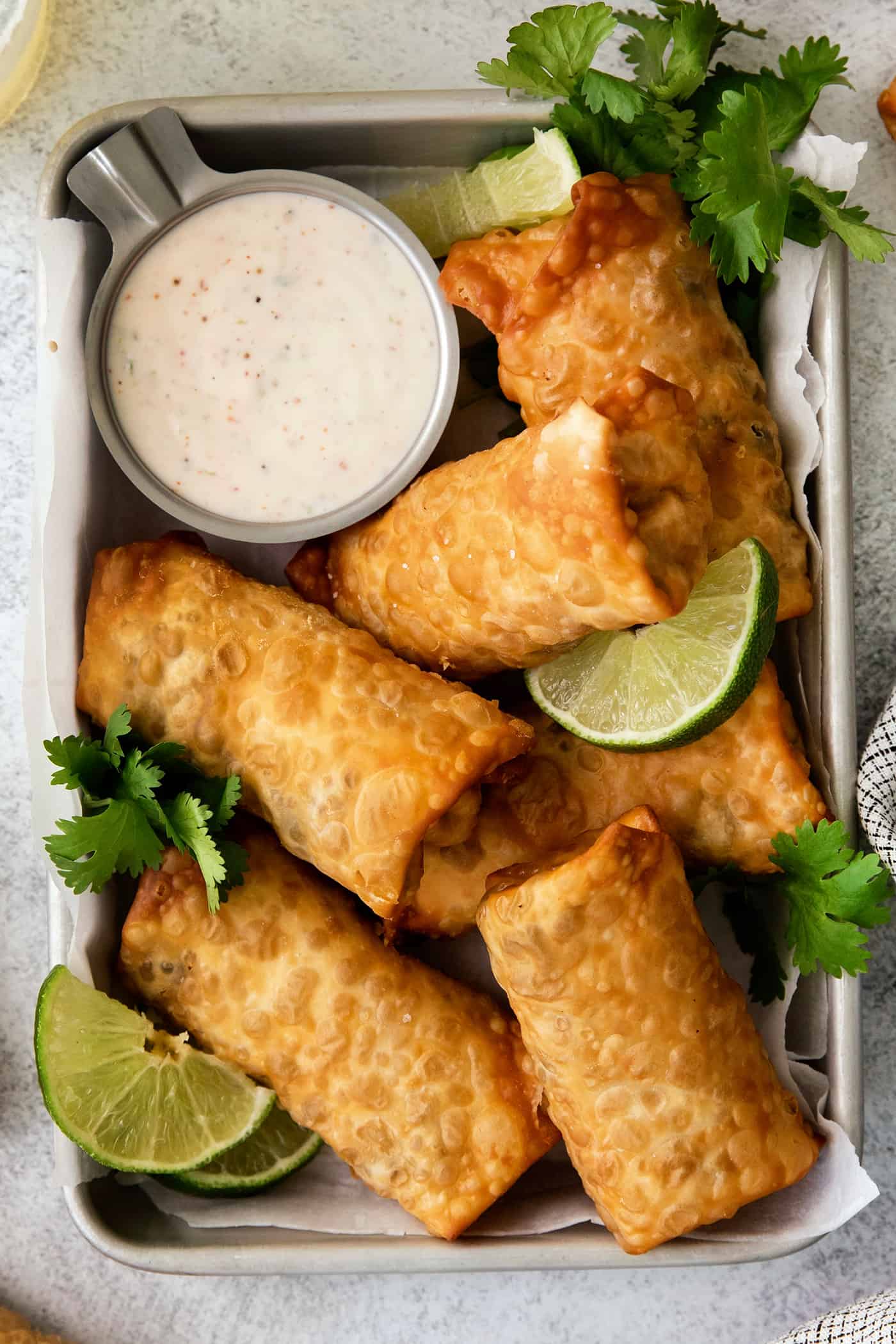 Overhead view of egg rolls on a tray
