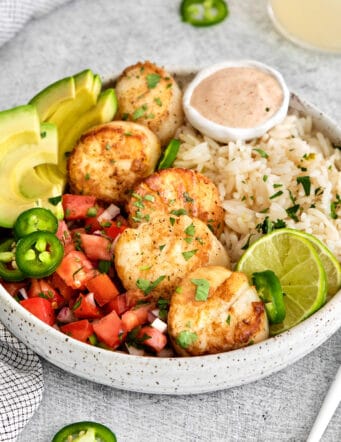 Ovehead view of a Tex-Mex scallop rice bowl
