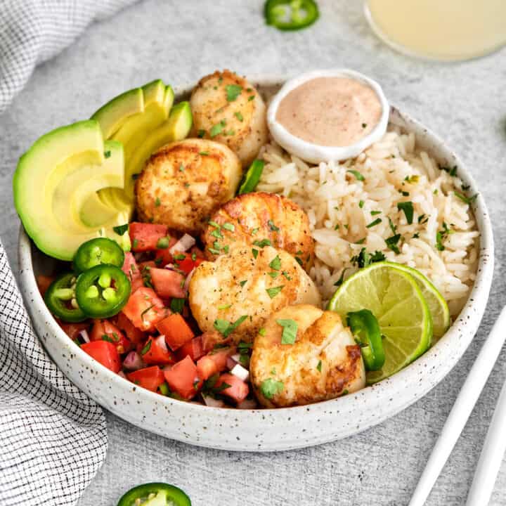 Ovehead view of a Tex-Mex scallop rice bowl