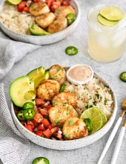 Overhead view of a Tex-Mex scallop rice bowl