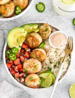 Overhead view of a scallop rice bowl