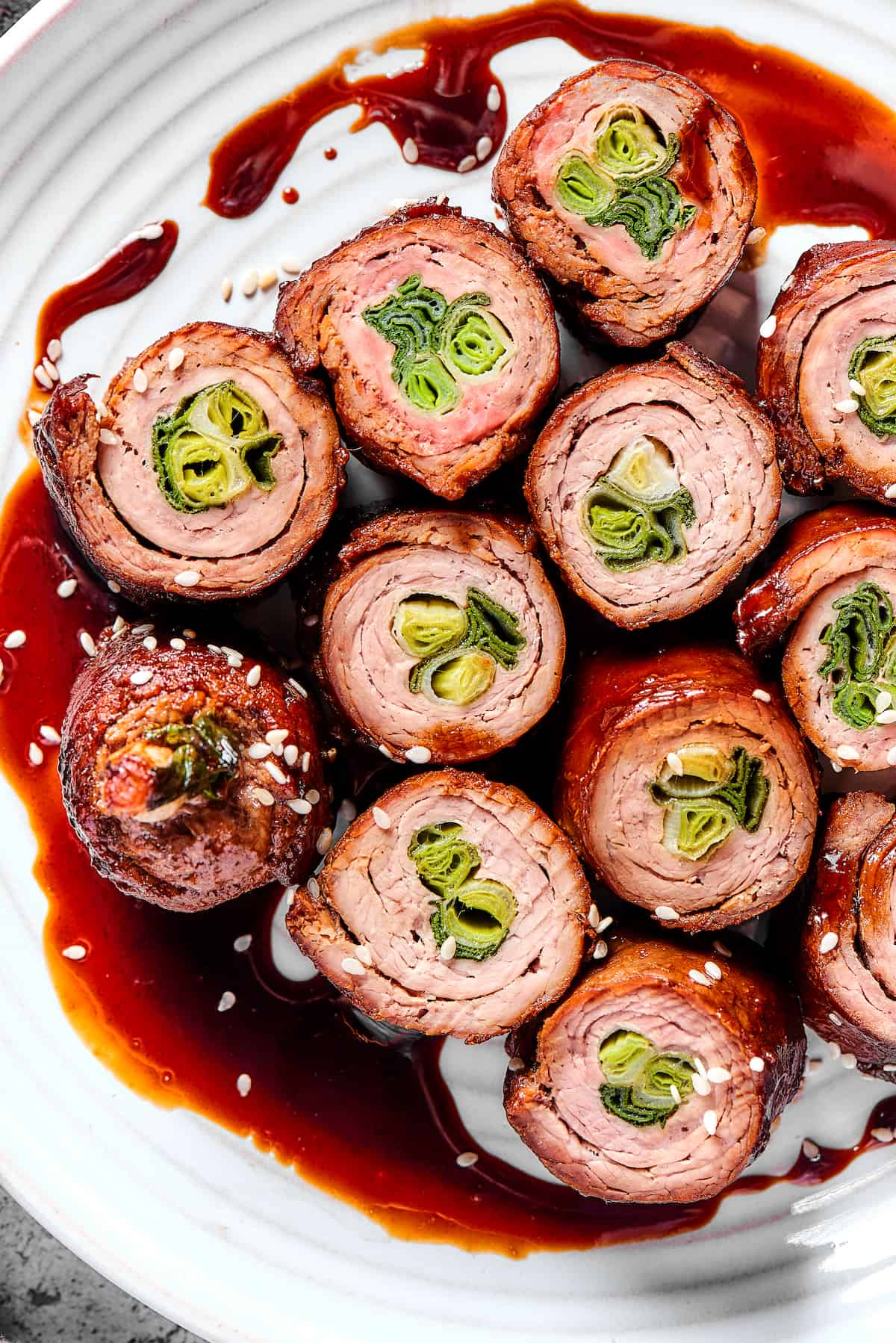 Overhead view of beef negimaki recipe