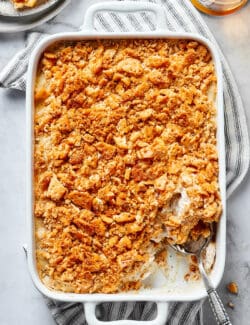 overhead view of a casserole made with chicken and poppy seeds