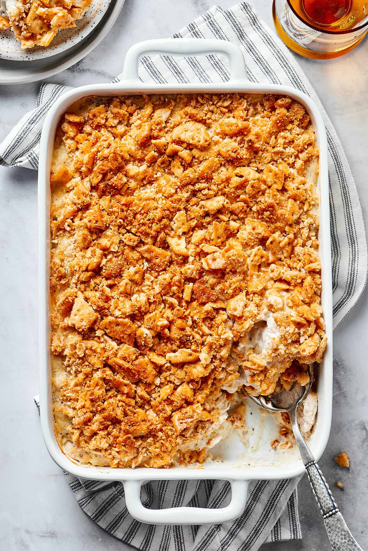 overhead view of a casserole made with chicken and poppy seeds