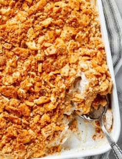 overhead view of poppy seed chicken casserole