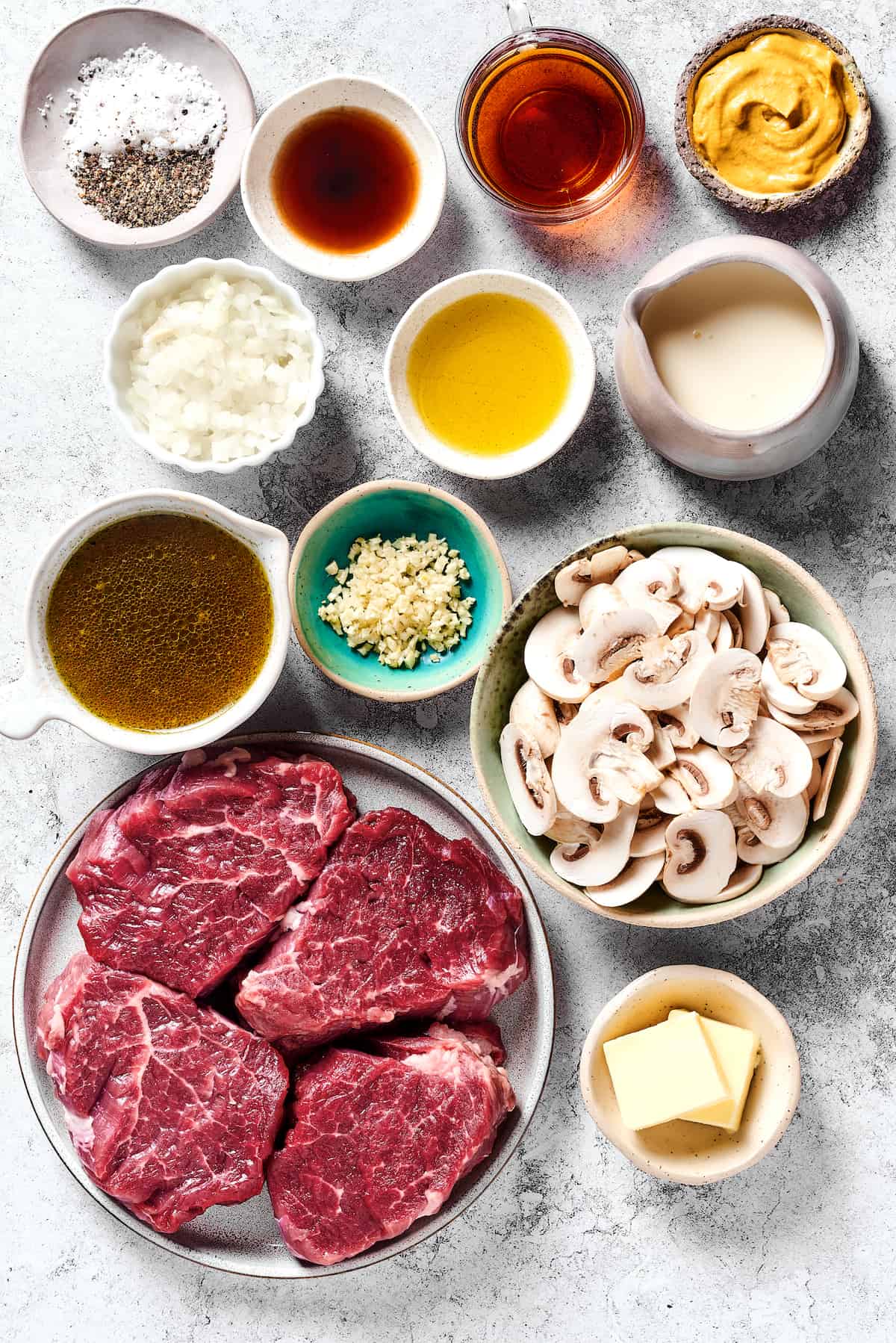 Overhead view of steak Diane ingredients