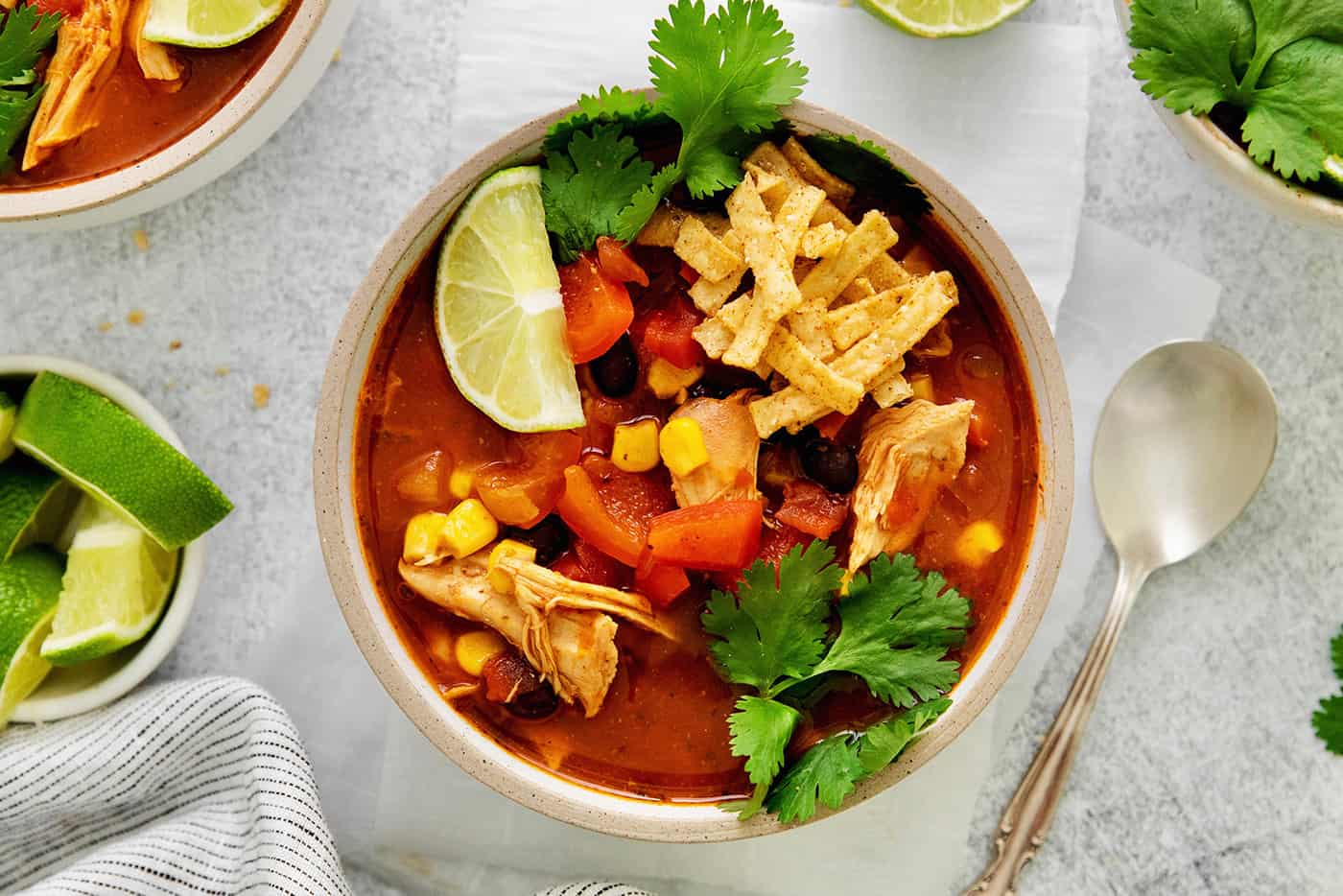 a bowl of homemade chicken tortilla soup