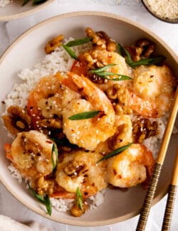 Overhead view of a bowl of honey walnut shrimp