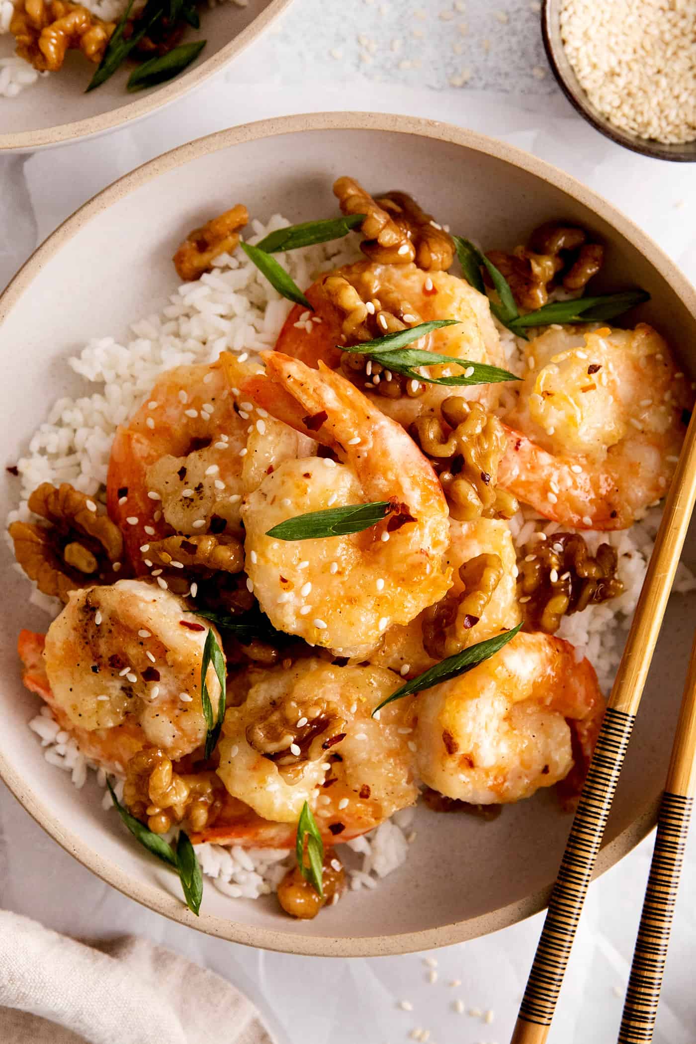 Overhead view of a bowl of honey walnut shrimp