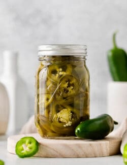 A jar of quick pickled jalapenos