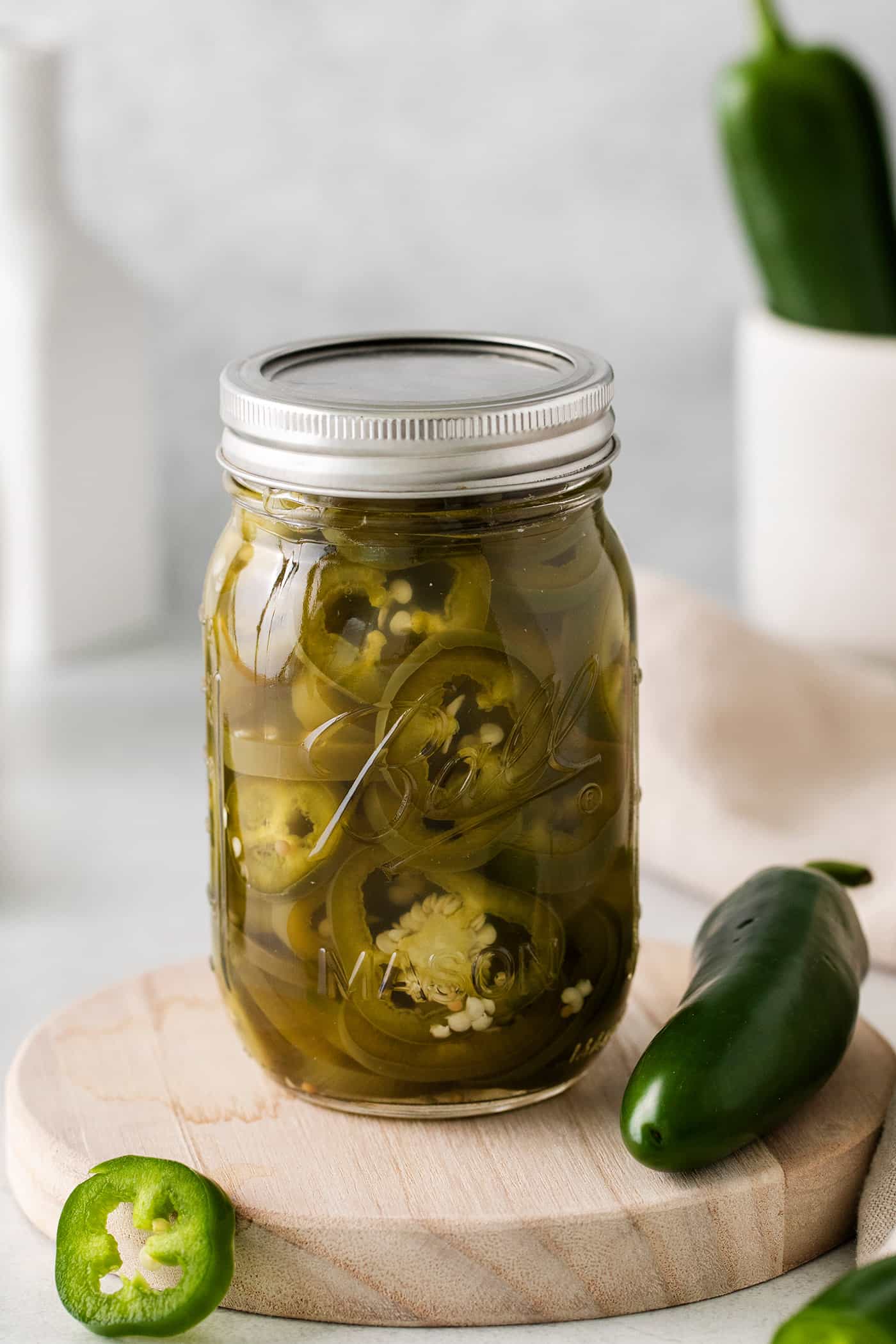 A jar of quick pickled jalapenos