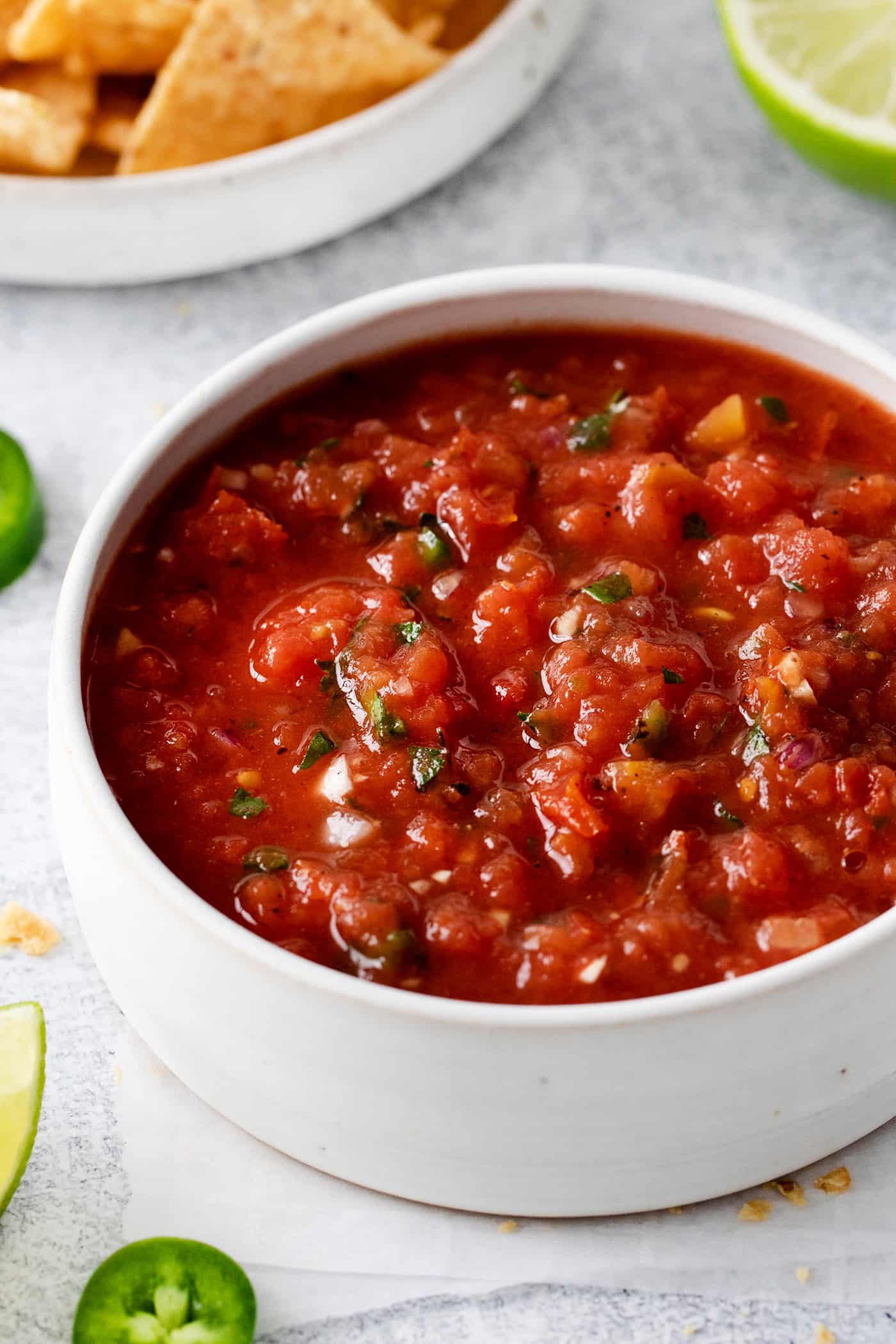 A white bowl of authentic Mexican salsa