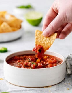 A hand holding a chip dipped in salsa