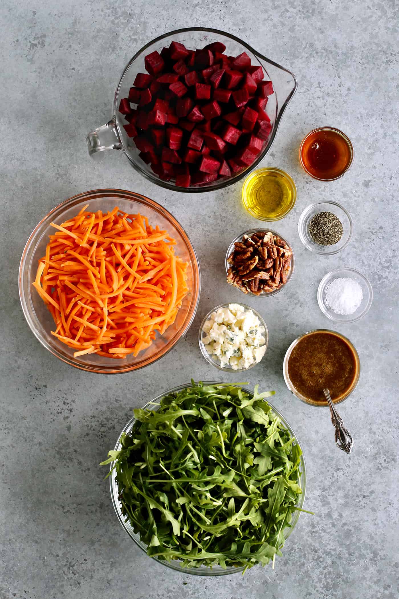 ingredients for roasted beet and arugula salad