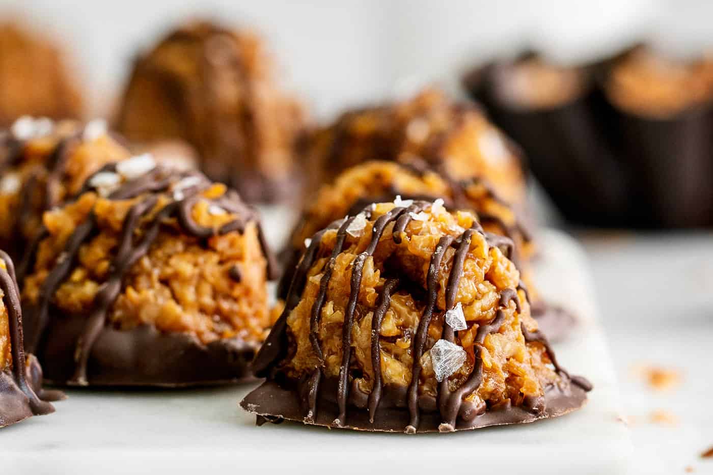 Samoa macaroons on a cutting board