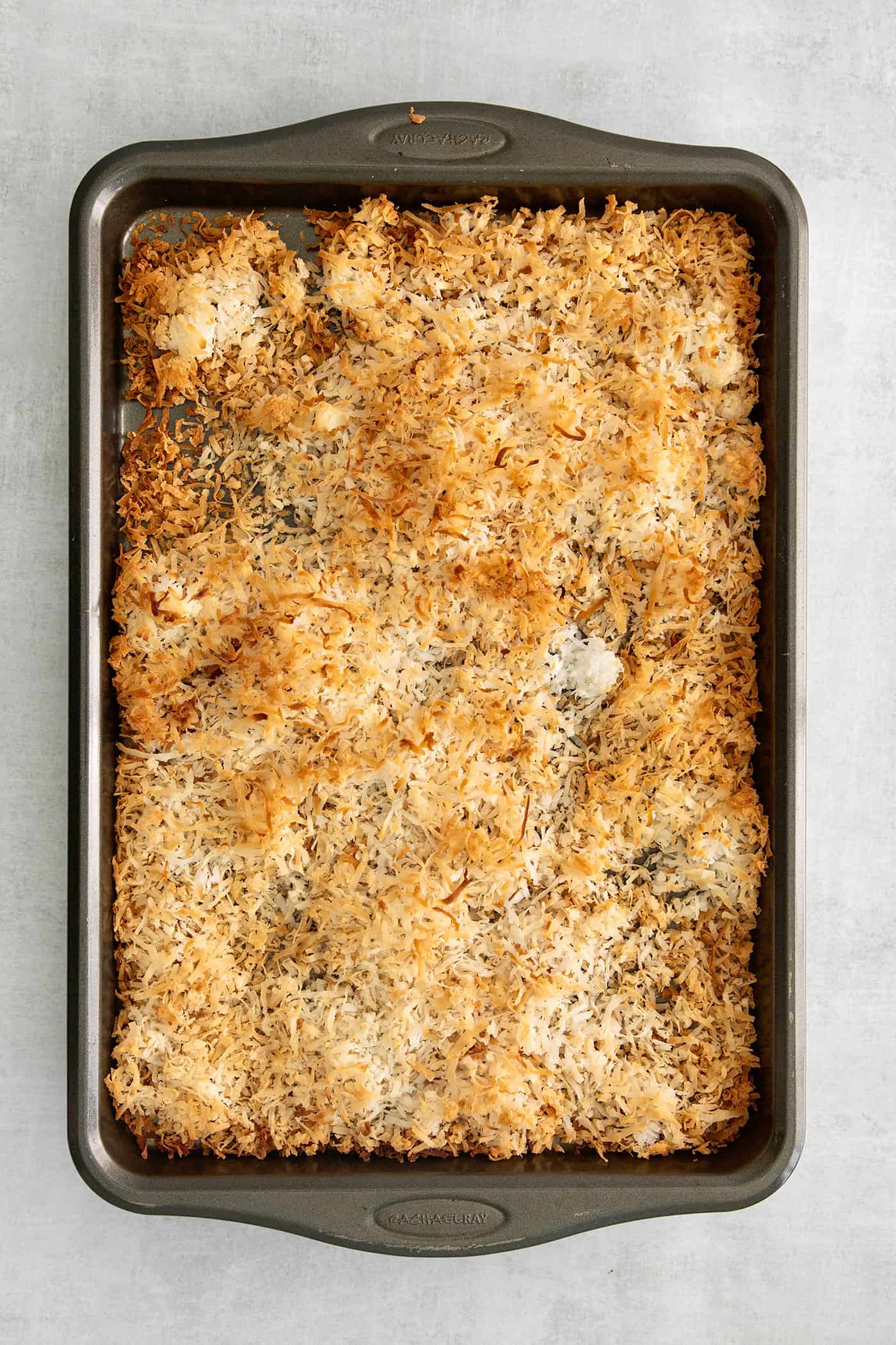 Toasted coconut on a baking sheet