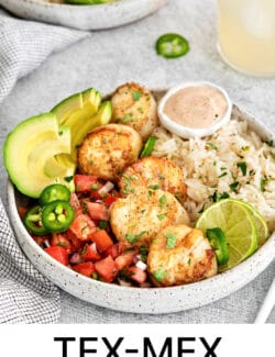 Pinterest image for Tex-Mex scallop rice bowls